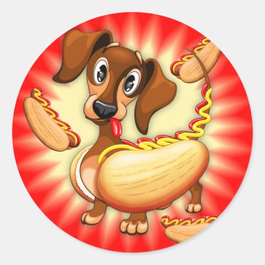 Dachshund Hot Dog Ronde Sticker (Voorkant)