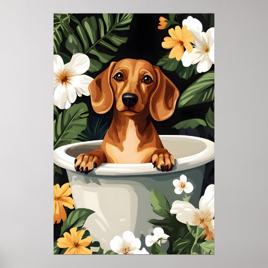 Dachshund In Bathtub Poster, Funny Dog Poster (Voorkant)
