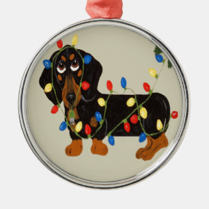 Dachshund in de knoop met Kerstverlichting Zwart/B Metalen Ornament