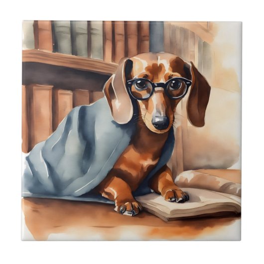 Dachshund in de Oude Bibliotheek Tegeltje (Voorkant)