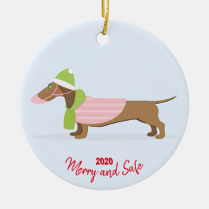 Dachshund in Face Mask Kerstmis 2020 Keramisch Ornament