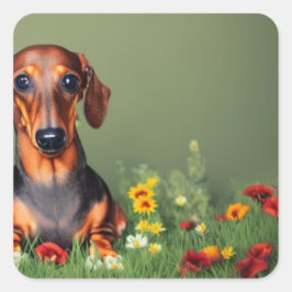 Dachshund in het veld bloemen, vierkante sticker