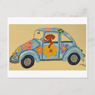 Dachshund in hippie-auto briefkaart