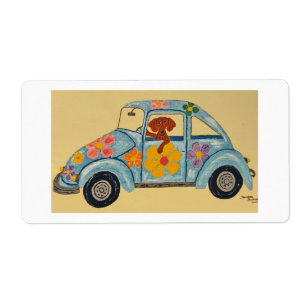 Dachshund in hippie-auto etiket