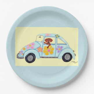 Dachshund in hippie-auto papieren bordje