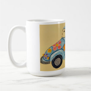 Dachshund in hippieauto koffiemok
