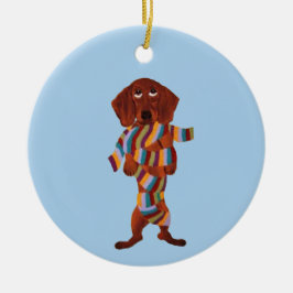 Dachshund in sjaal verstrikt keramisch ornament