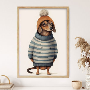 Dachshund in winterstemming, grappig hond decor, k poster