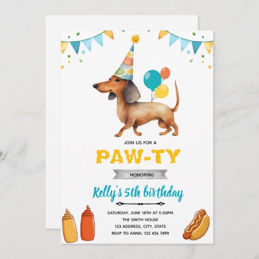 Dachshund invitation à la fête hotdog (Devant / Derrière)