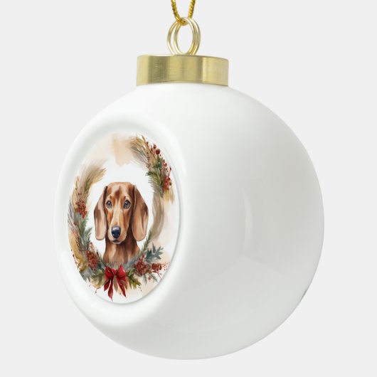 Dachshund Kerstkrans Feestelijke Pup Keramische Bal Ornament (Rechts)