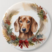 Dachshund Kerstkrans Feestelijke Pup Ronde Button 6,0 Cm (Voorkant)