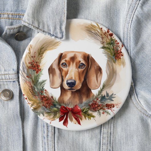 Dachshund Kerstkrans Feestelijke Pup Ronde Button 6,0 Cm (In situ)