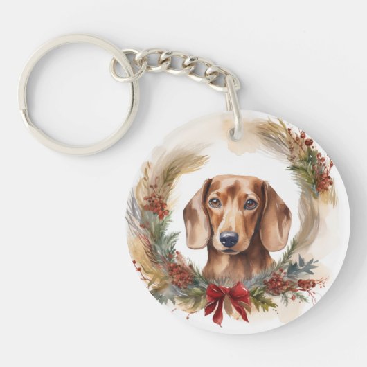 Dachshund Kerstkrans Feestelijke Pup Sleutelhanger (Voorkant)