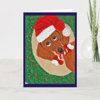 Dachshund Kerstman die door een krans kijkt Kaart