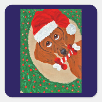 Dachshund Kerstman die door een krans kijkt Vierkante Sticker