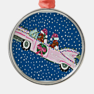 Dachshund Kerstmannen Kerst Roze Cadillac Metalen Ornament