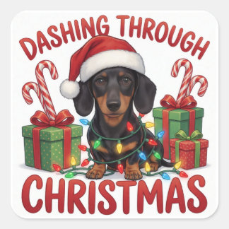 Dachshund Kerstvakantie Lichtjes Festieve Sfeer Vierkante Sticker