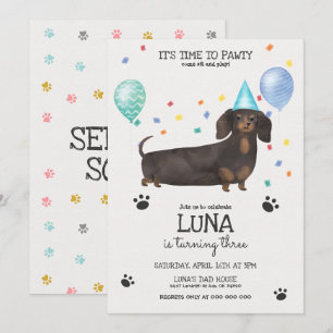 Dachshund Lets Pawty Dog Birthday Invitation Blue Kaart