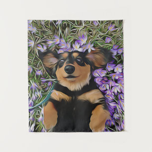 Dachshund Liggend in Paarse Bloemen Wandkleed