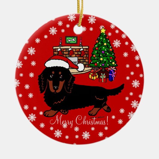 Dachshund Long Hazard Black en Tan Keramisch Ornament (Voorkant)