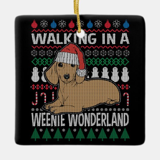 Dachshund loopt in een Weenieland Keramisch Ornament (Voorkant)