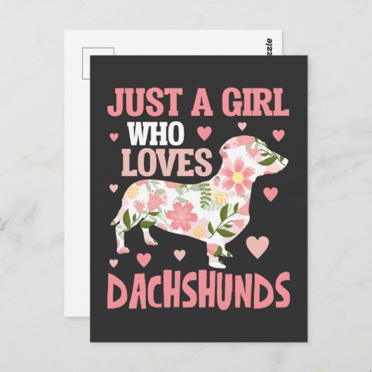 Dachshund Loving Girl Flower Dog Puppy Hearts Briefkaart (Voorkant / Achterkant)