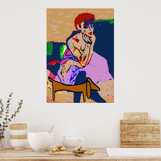Dachshund met abstracte vrouw poster (Keuken)