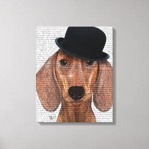 Dachshund met Black Bowler Pet Canvas Afdruk