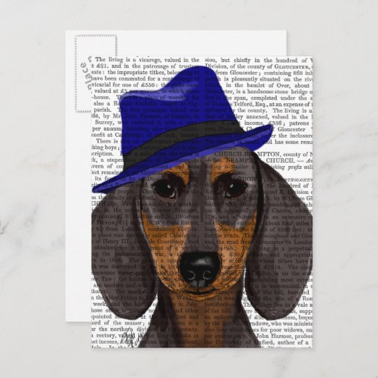Dachshund met Blue Trilby Briefkaart (Voorkant / Achterkant)