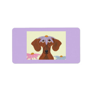Dachshund met een bloem op zijn hoofd etiket