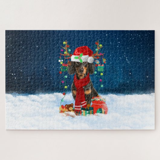 Dachshund met kerstcadeautjes legpuzzel (Horizontaal)