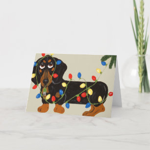 Dachshund met kerstlampjes Blk/tan Feestdagen Kaart