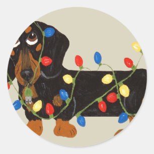 Dachshund met kerstlampjes Blk/tan Ronde Sticker