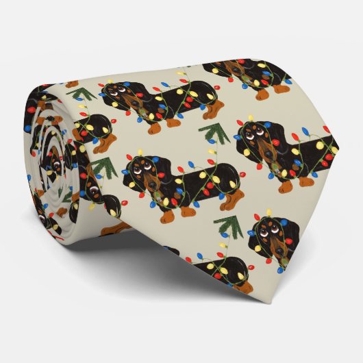 Dachshund met kerstlampjes Blk/tan Stropdas (Opgerold)