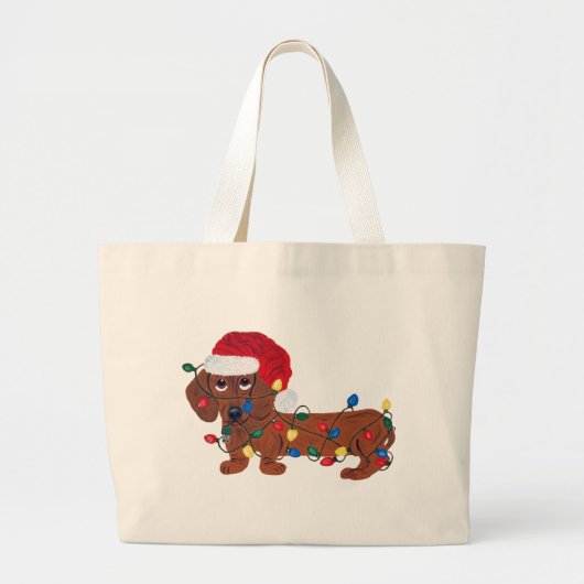 Dachshund met kerstlampjes (rood) grote tote bag (Voorkant)