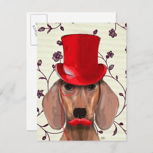 Dachshund met Red Top Hat Briefkaart (Voorkant / Achterkant)