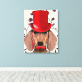 Dachshund met Red Top Hat Canvas Afdruk (Insitu (Houten vloer))