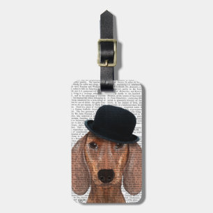 Dachshund met zwarte bolhoed bagagelabel