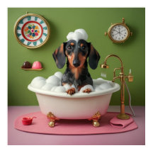 Dachshund nemen bubbelbad in klein bad grillig