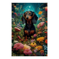 Dachshund omringd door verschillende soorten bloem