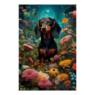 Dachshund omringd door verschillende soorten bloem perfect poster
