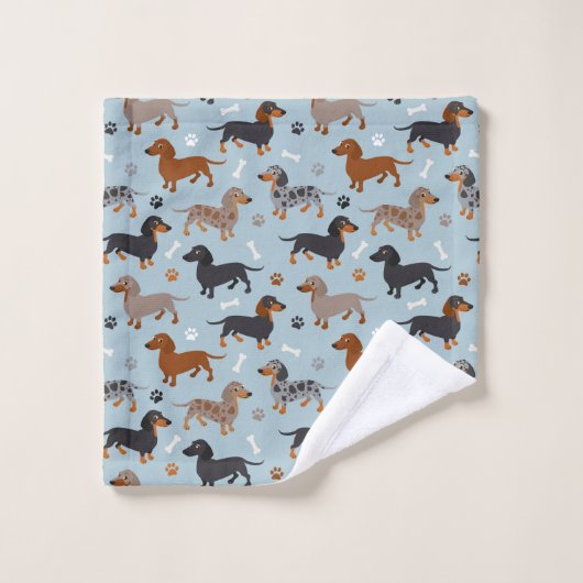 Dachshund Paws and Botten Pattern Blue Bad Handdoek (Wasdoekje)