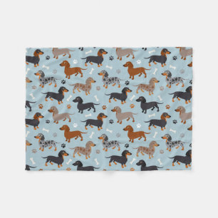 Dachshund Paws and Botten Pattern Blue Fleece Deken
