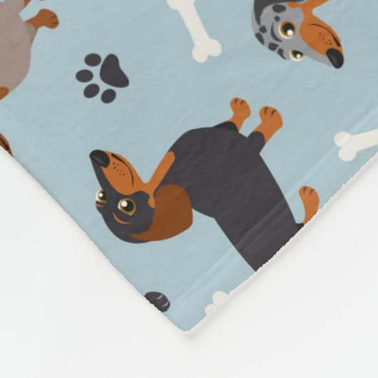 Dachshund Paws and Botten Pattern Blue Fleece Deken (Hoek)