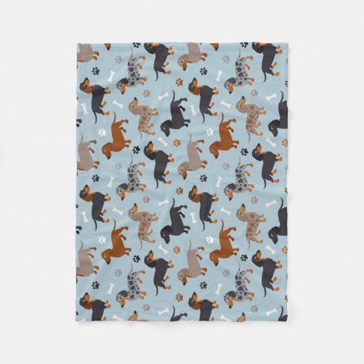 Dachshund Paws and Botten Pattern Blue Fleece Deken (Voorkant)