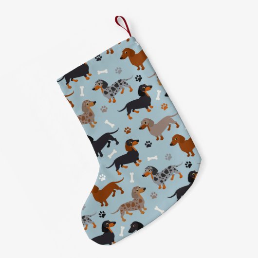 Dachshund Paws and Botten Pattern Blue Kleine Kerstsok (Achterkant (Hangend))