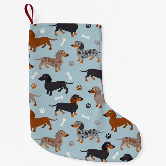 Dachshund Paws and Botten Pattern Blue Kleine Kerstsok (Voorkant)