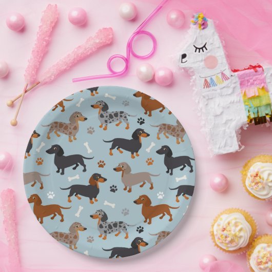 Dachshund Paws and Botten Pattern Blue Papieren Bordje (Feest)