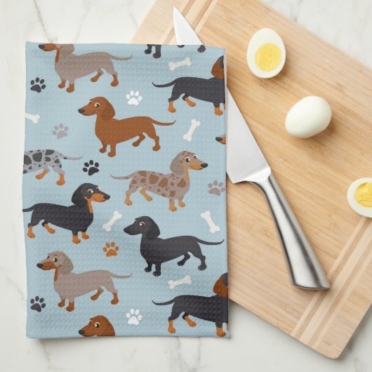 Dachshund Paws and Botten Pattern Blue Theedoek (Quarter Fold)