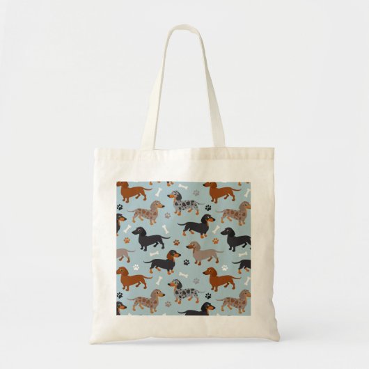 Dachshund Paws and Botten Pattern Blue Tote Bag (Voorkant)
